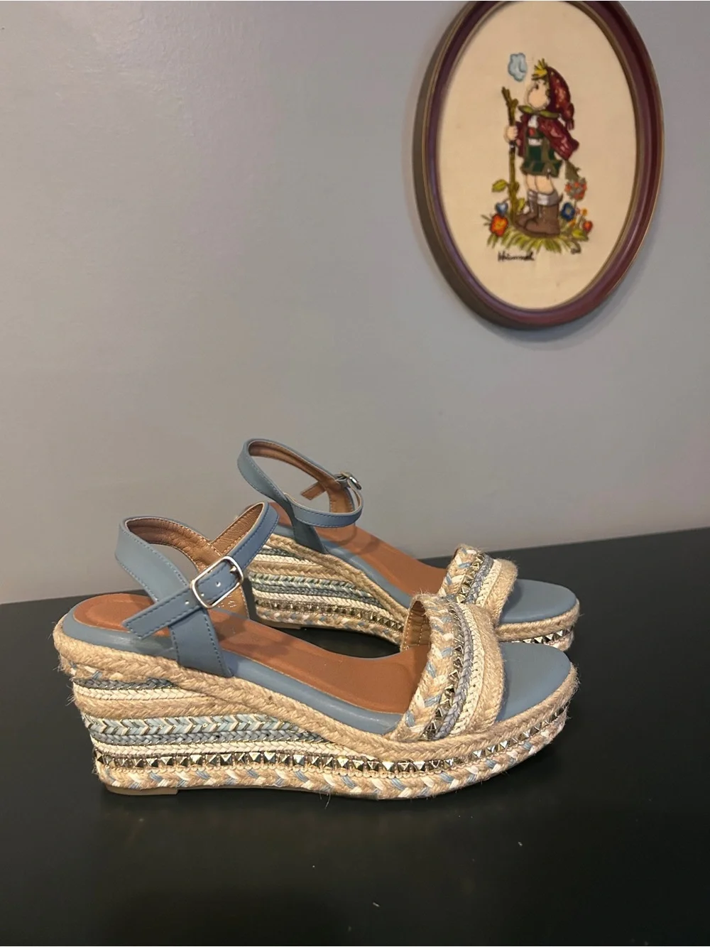 Patrizia by Spring Step Embellished Espadrille Wedge Sandal Blue Cream Size 41